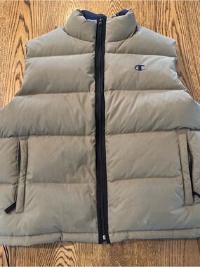 VTG Champion Down Puffer Vest Mens XL Tan Ext. Navy Blue Int.  90s Y2K RN58217